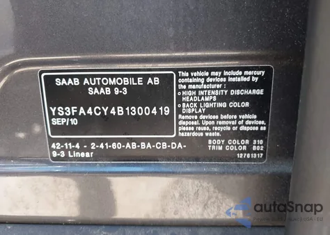 2011 Saab 9-3 из США, поврежденный, VIN YS3FA4CY4B1300419